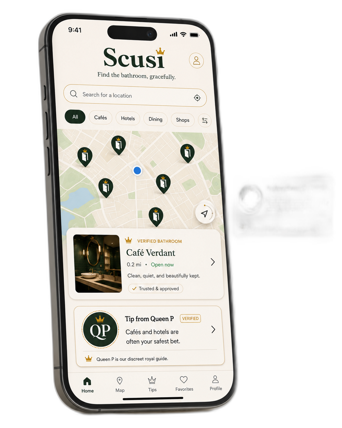 The Scusi app showing nearby restrooms on a map